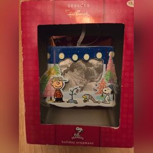 Hallmark Peanuts Festive Picture Frame Ornament with Blue and Pink Accents